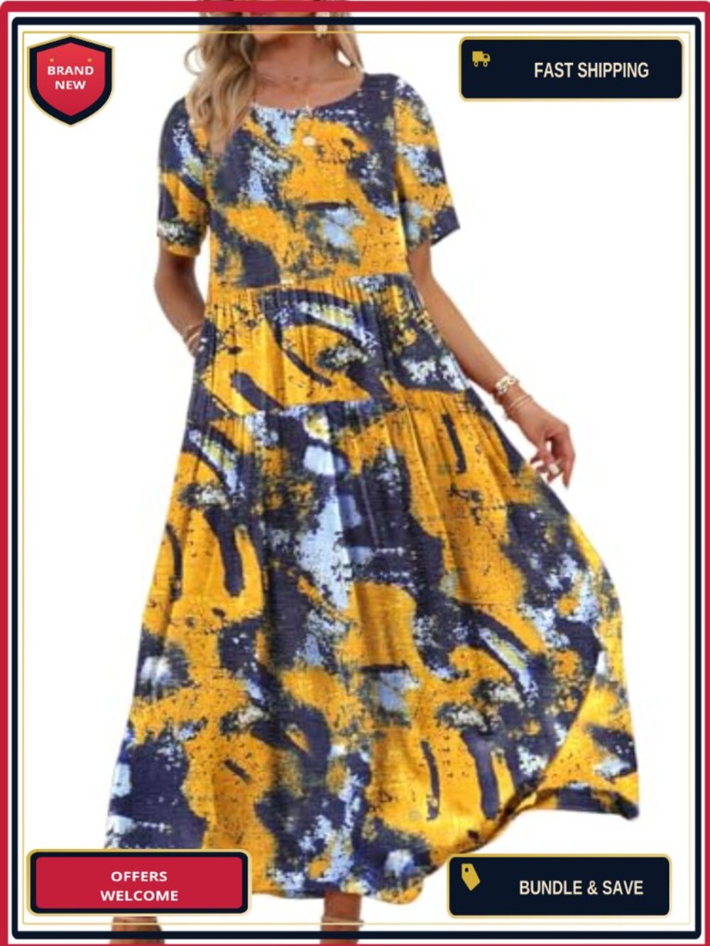 Cotton Blend Floral Maxi Dress with Pockets Short Sleeve Summer Swing Dress